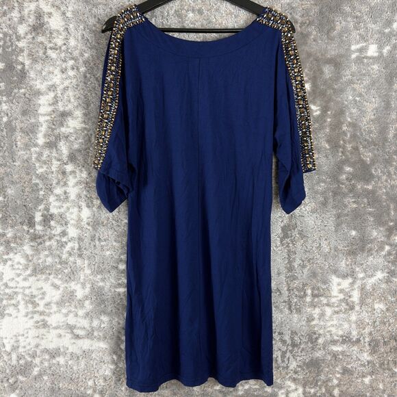 Joyous & Free Womens Size S Beaded Sequins Cold Shoulder Tunic Top Navy Stretch - Picture 5 of 11
